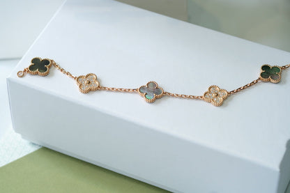 [Basjewels]CLOVER 5 MOTIFS DARK MOP AND DIAMONDS PINK GOLD BRACELET