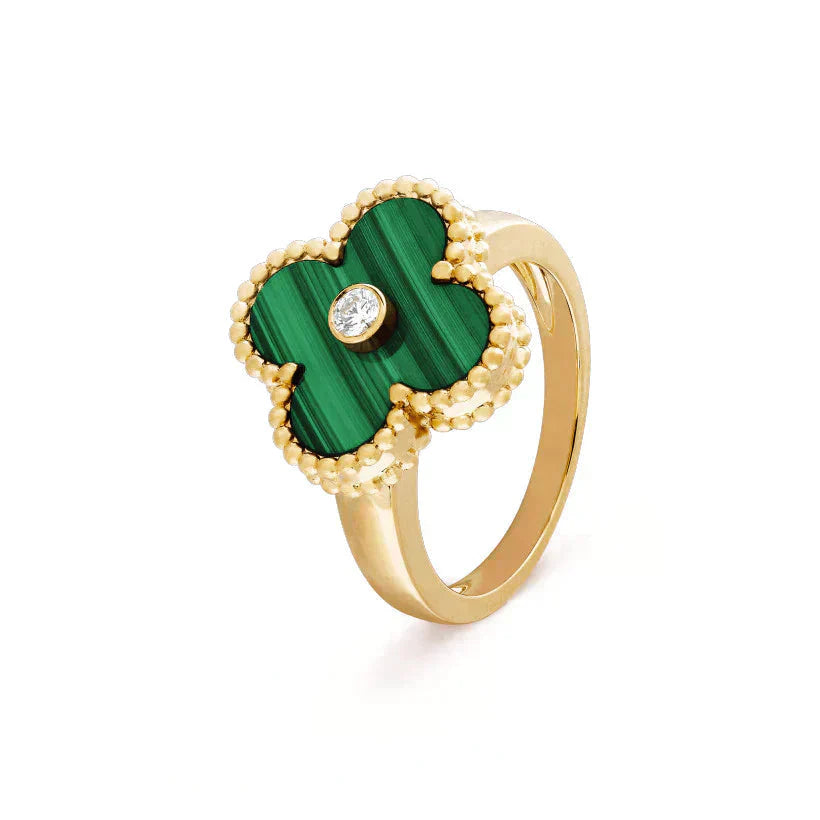 [Basjewels]CLOVER MALACHITE RING GOLD DIAMOND